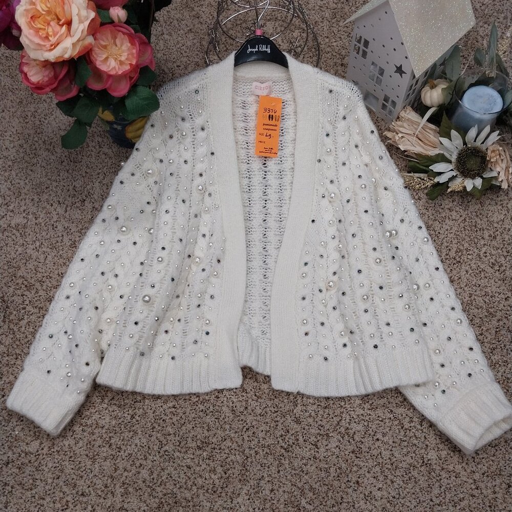 Ciebon Pearl & Rhinestone Embellished Cream Open-Front Cardigan